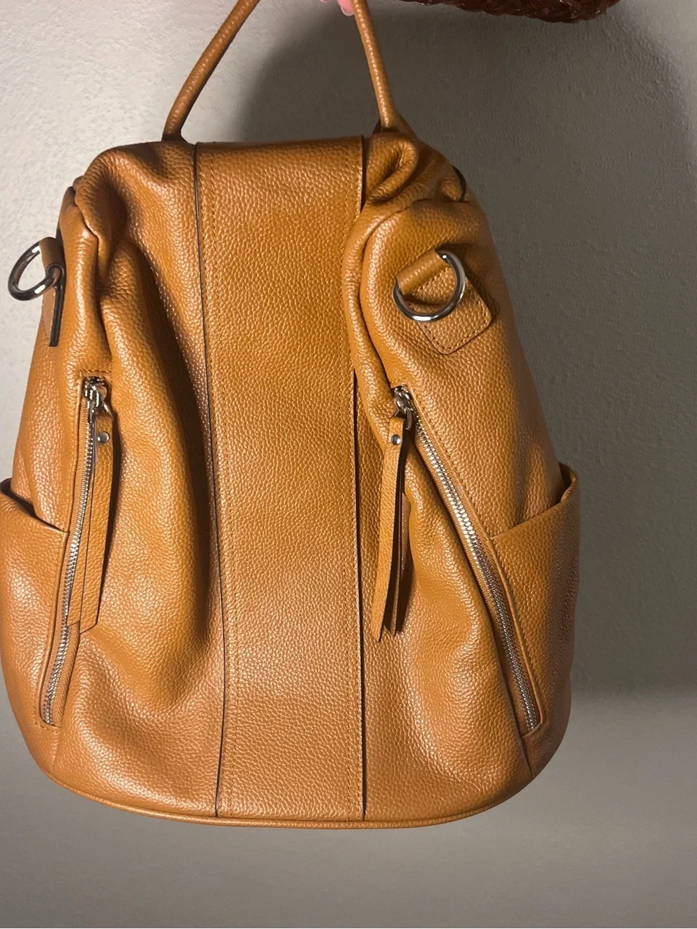 Classic Tan Pebbled Leather Backpack with Front Zip Pockets